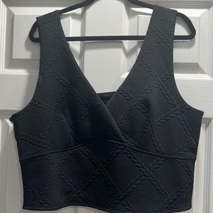 Black cropped faux wrap quilted button side top